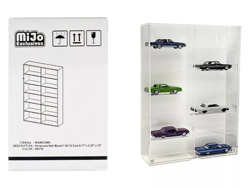 Showcase 12 Car Display Case Wall Mount with White Back Panel "Mijo Exclusives" for 1/64 Scale Models
