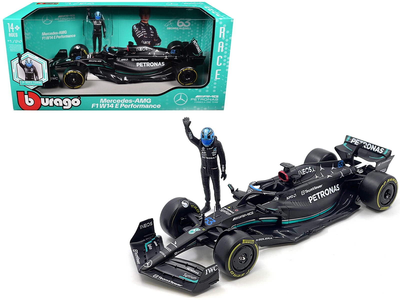 Mercedes-AMG W14 E Performance #63 George Russell "Petronas" Formula One F1 World Championship (2023) with Driver Figure 1/24 Diecast Model Car by Bburago - Image 3