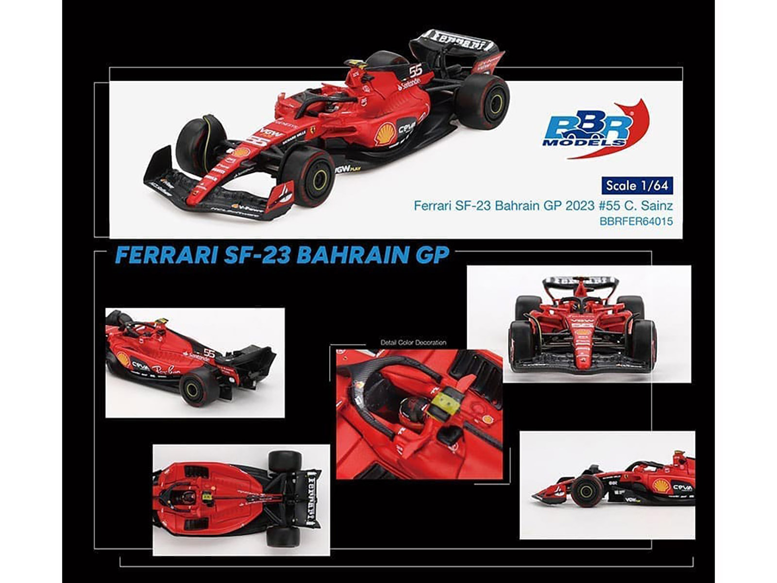Ferrari SF-23 #55 Carlos Sainz Formula One F1 "Bahrain GP" (2023) 1/64 Diecast Model Car by BBR - Image 3